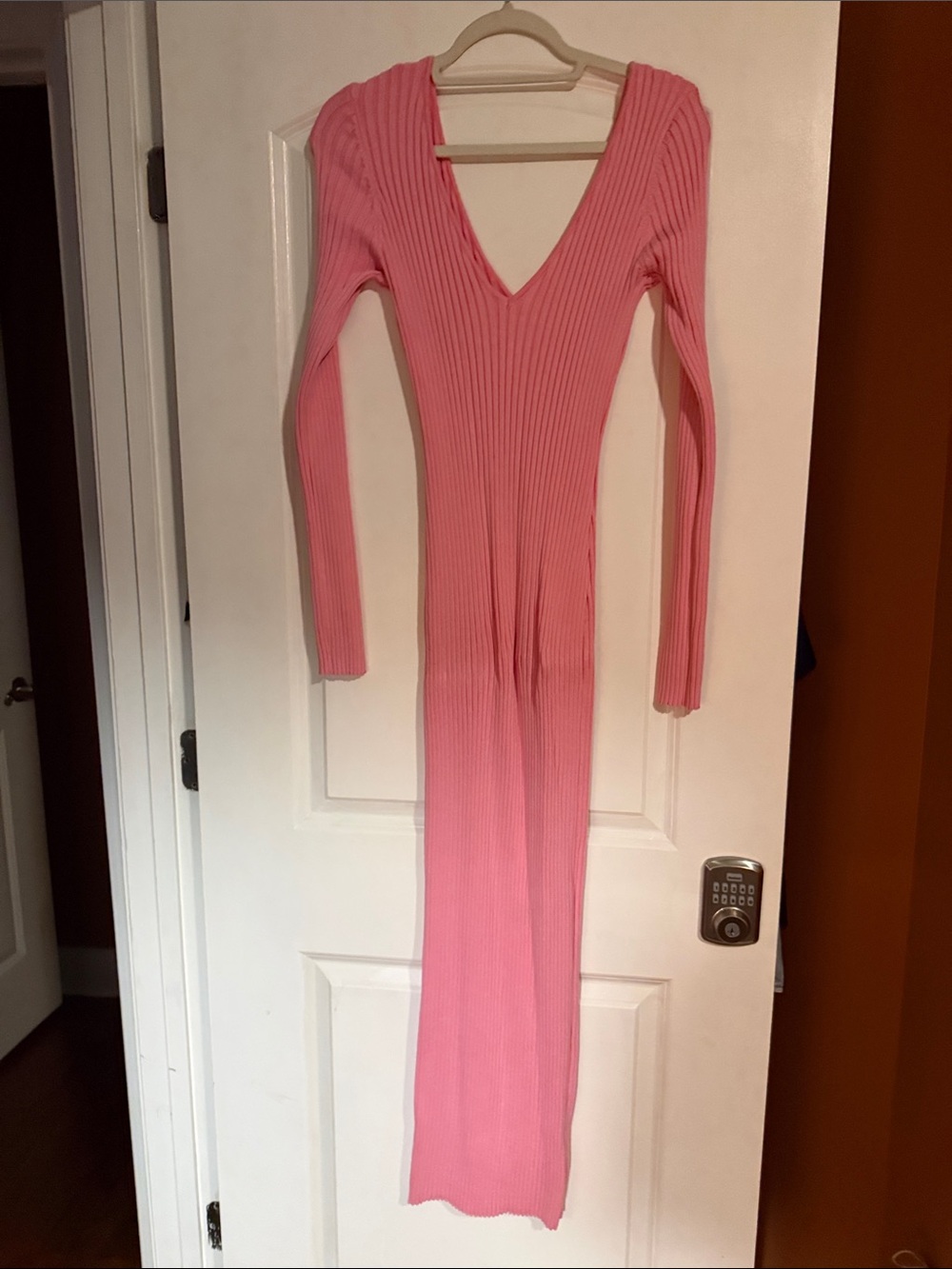 Ribbed V-Neck Long Sleeve Pink Maxi Dress